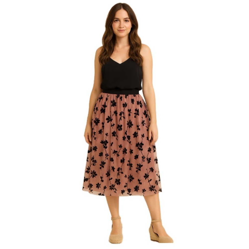 Metrowear Blush Flocked Floral Midi Skirt, Size M